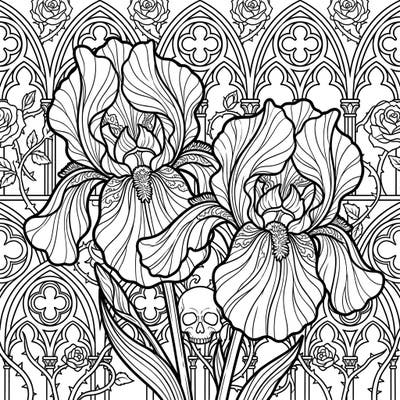 Immerse yourself in a captivating world with this Gothic irises coloring page, blending elegant flowers with mysterious Victorian details. Designed for kids, it offers a perfect balance of recognizable shapes and moderate intricacy for a fun, creative experience.