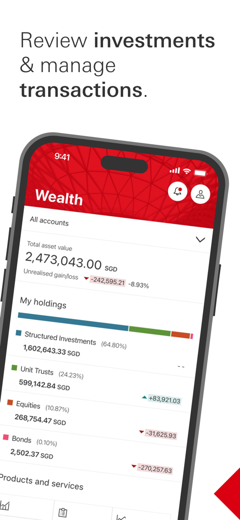 HSBC Singapore - HSBC Singapore app wealth dashboard displaying investment portfolio and total asset value in SGD