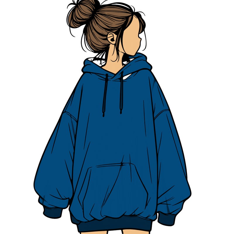 realistic girl with a oversized sweatshirt on and a bun