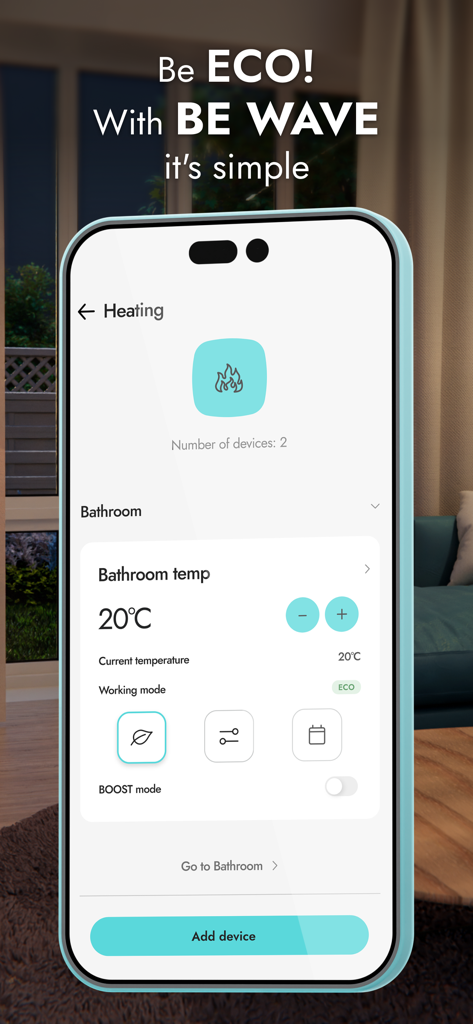 BE WAVE - Smartphone screen showing the BE WAVE app heating control interface with ECO mode enabled for a bathroom.