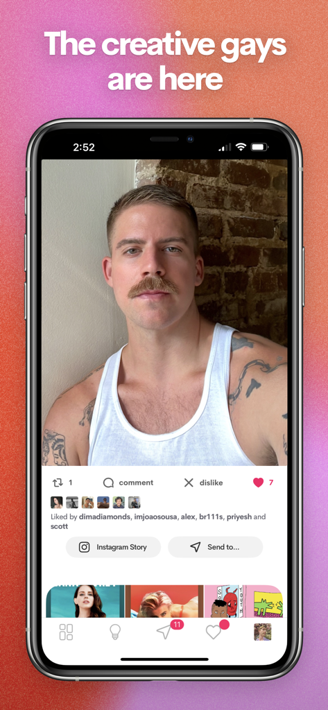 Oberfläche des Collective LGBTQ+-Sozialnetzwerks auf einem Smartphone mit einem Benutzerprofil und der Überschrift Die kreativen Schwulen sind hier.