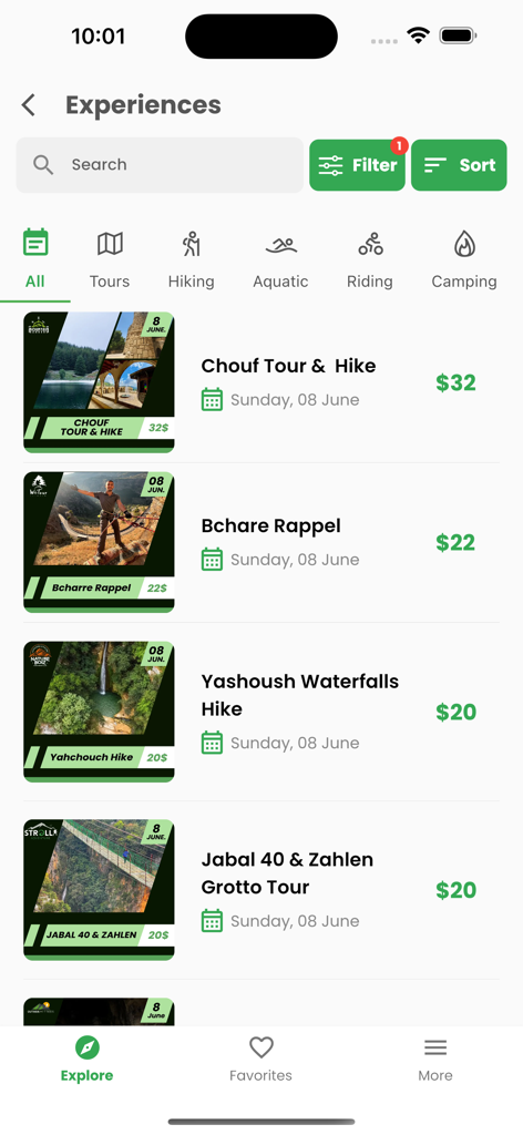 레바논의 야외 체험 및 투어 목록을 보여주는 모바일 앱 인터페이스