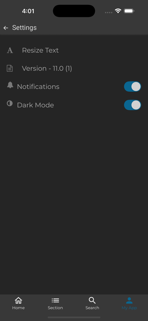 DTNEXT - Pantalla de configuración de la aplicación DTNEXT con botones de notificación de modo oscuro y opciones de cambio de tamaño de texto