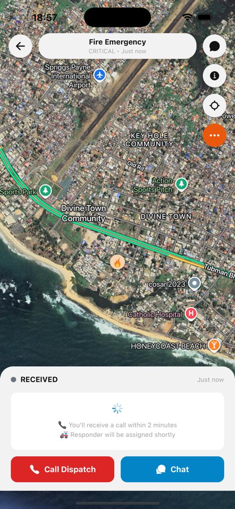 My Watchman - My Watchman安全アプリでの火災緊急アラートを示す衛星マップ。