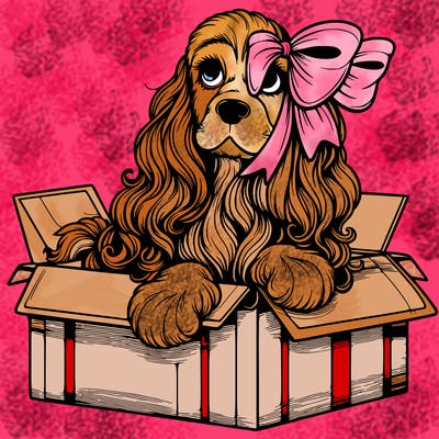 a spaniel american cocker with a beautiful bow coming out if a box realistic cute