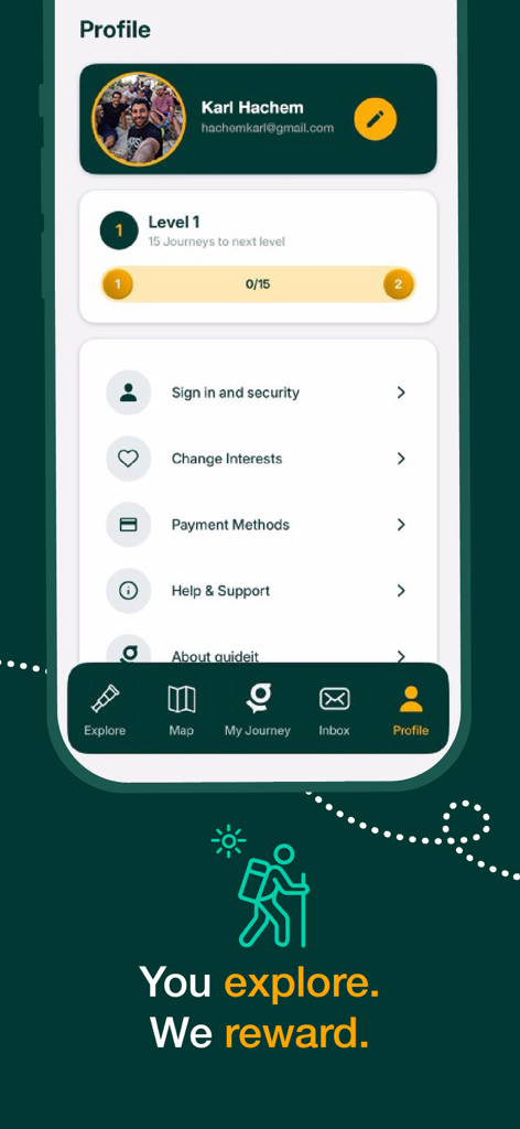 guideit: Connect & Explore - User profile interface of guideit app showing travel levels and exploration reward progress.