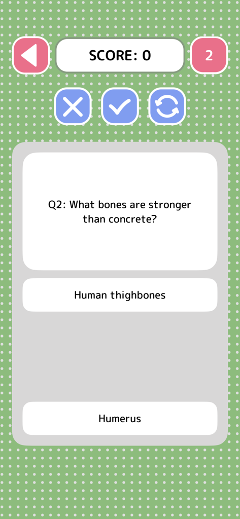 Science Quiz - Game - 뼈 강도에 대한 퀴즈 질문을 표시하는 과학 퀴즈 게임의 모바일 화면.
