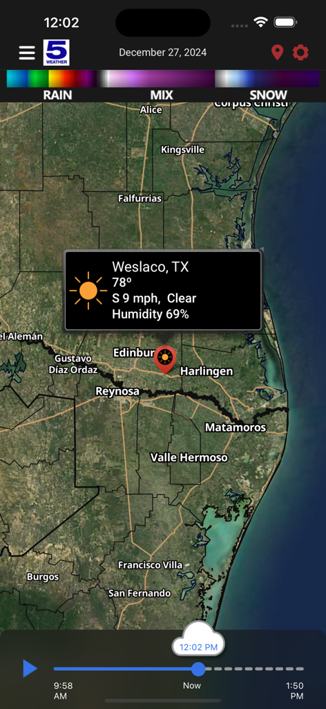 Interactive weather map for South Texas showing current temperature and conditions in Weslaco