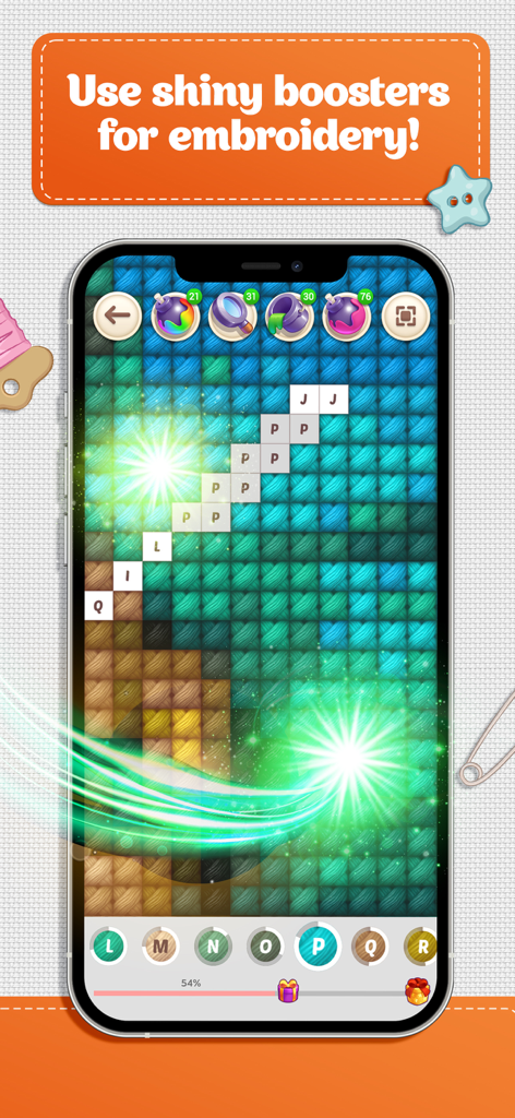 Cross Stitch Coloring Art - A mobile game screen showing shiny boosters being used to complete a cross-stitch embroidery pattern.
