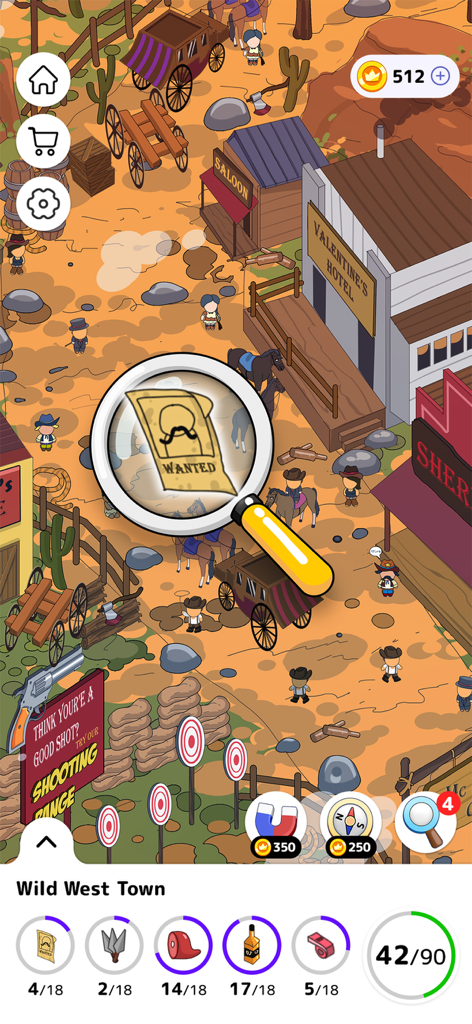 Une loupe met en évidence un avis de recherche dans le niveau Far West d'un jeu d'objets cachés.