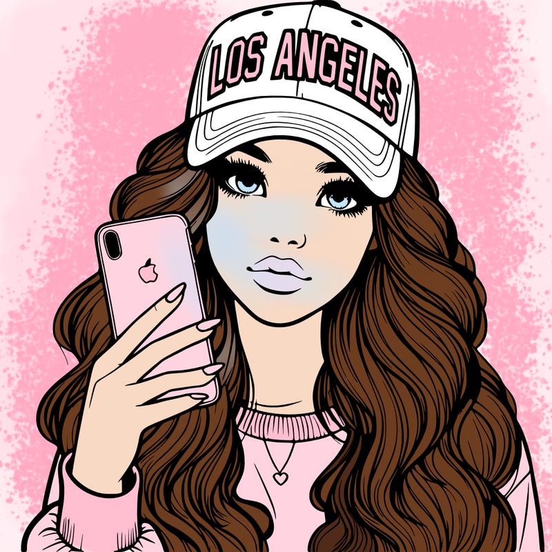 realistic beautiful girl wearing los ángeles cap holding an iphone
