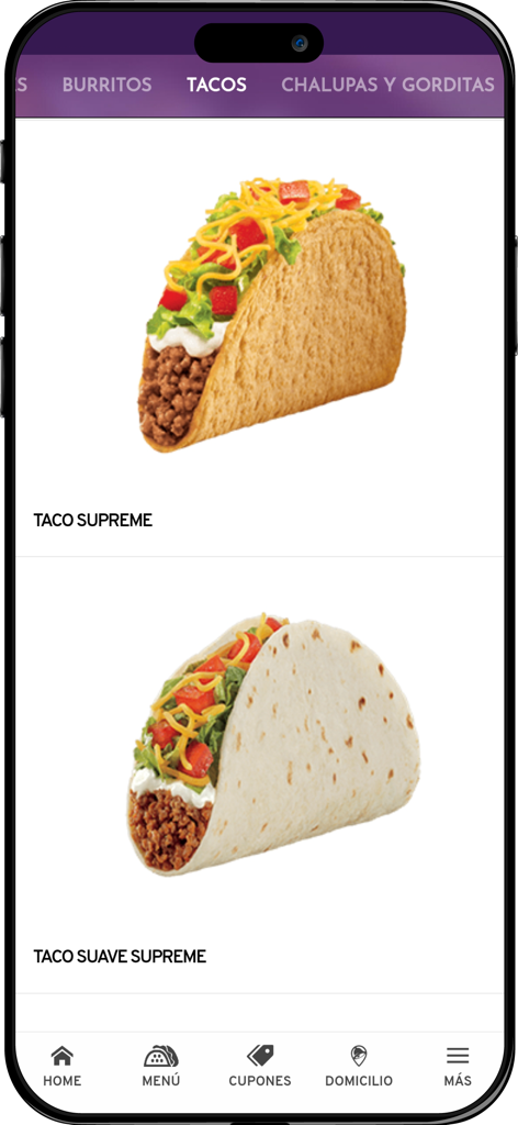 Taco Bell Guatemala - Tela do menu do aplicativo móvel Taco Bell Guatemala exibindo Taco Supreme e Taco Suave Supreme