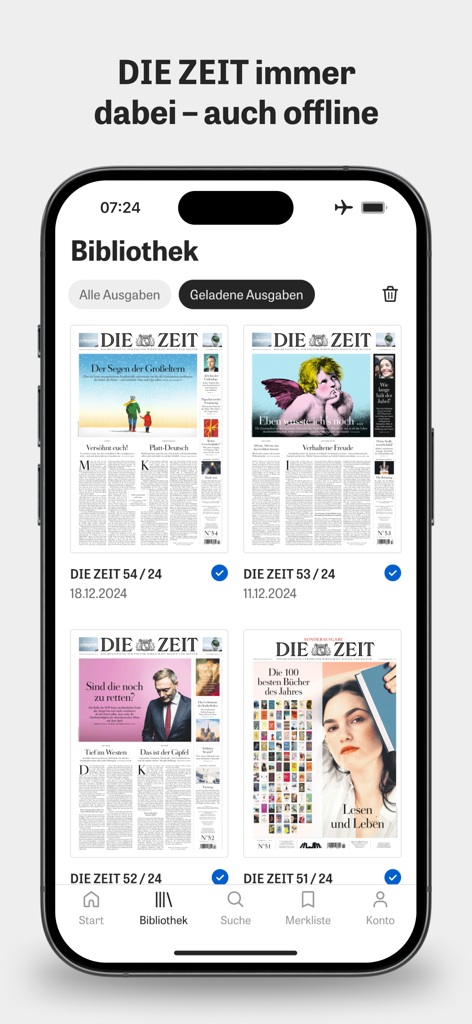 Interface de bibliothèque numérique de l'application DIE ZEIT E-Paper avec numéros de journaux téléchargés pour une lecture hors ligne.