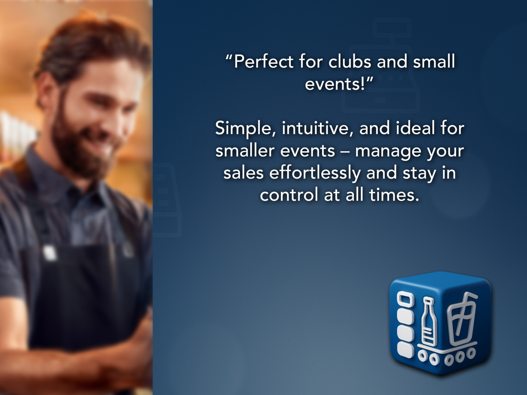 Tela promocional para Caixa de Eventos destacando o gerenciamento de vendas para clubes e pequenos eventos