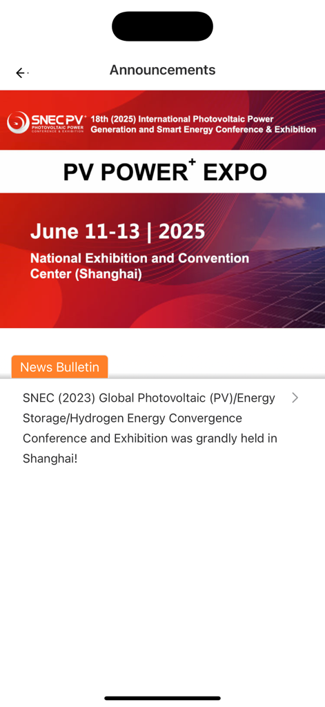 SNEC+ - Pagina degli annunci dell'app SNEC plus che mostra il programma della PV Power Expo 2025.
