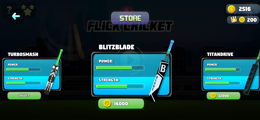 Flick Cricket hit six ball fun - Tienda del juego en Flick Cricket que muestra varios bates de cricket con estadísticas de potencia y fuerza para desbloquear.