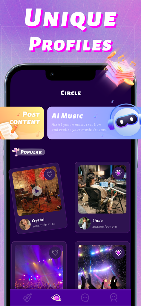 CharacterX app interface showing the Circle section with unique user profiles and AI music features.