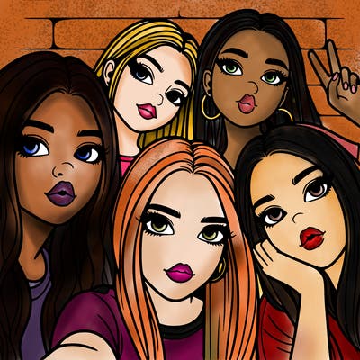 group of teen girls friends y2k up close in a selfie