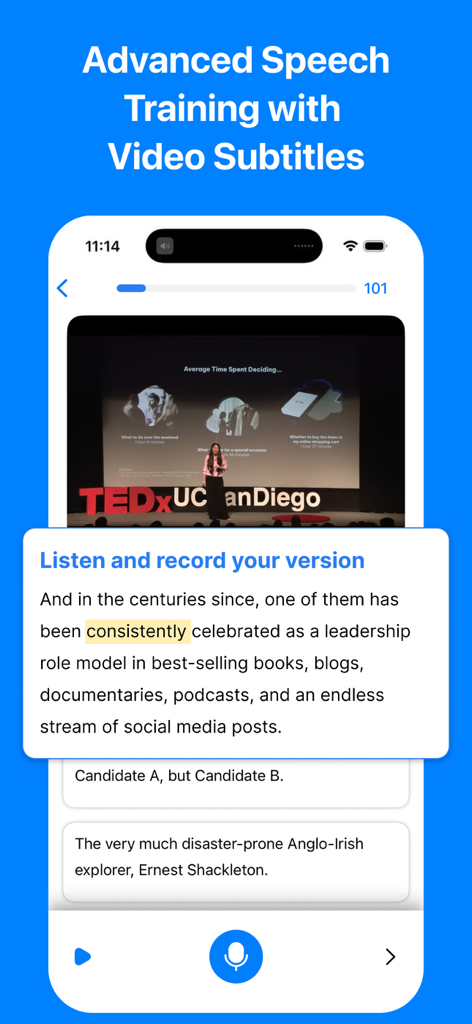 English Shadowing: Speak Pro - Advanced speech training interface with video subtitles and recording button for shadowing practice