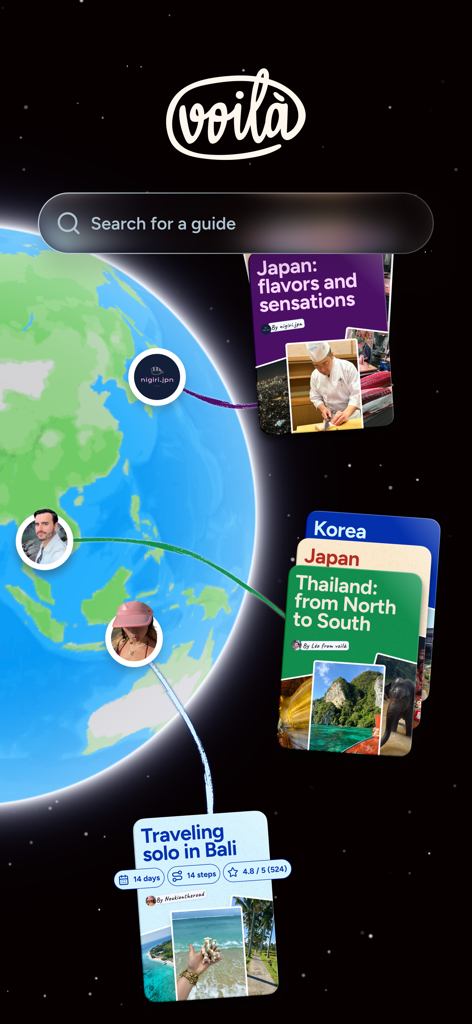 voilà : Travel guides & eSIMs - Interfaz de la aplicación voilà que muestra un globo terráqueo 3D con tarjetas de guías de viaje seleccionadas para Japón, Corea, Tailandia y Bali.
