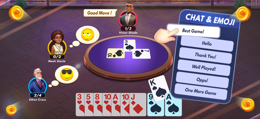 Spades Multiplayer - Visão do jogo Spades Multiplayer mostrando jogadores em uma mesa com um menu de interação social de chat e emojis.