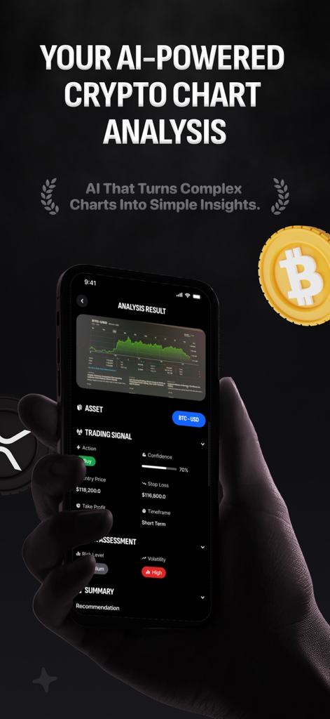 CryptoLens AI - Interface do aplicativo CryptoLens AI exibindo análise técnica e sinais de compra para Bitcoin