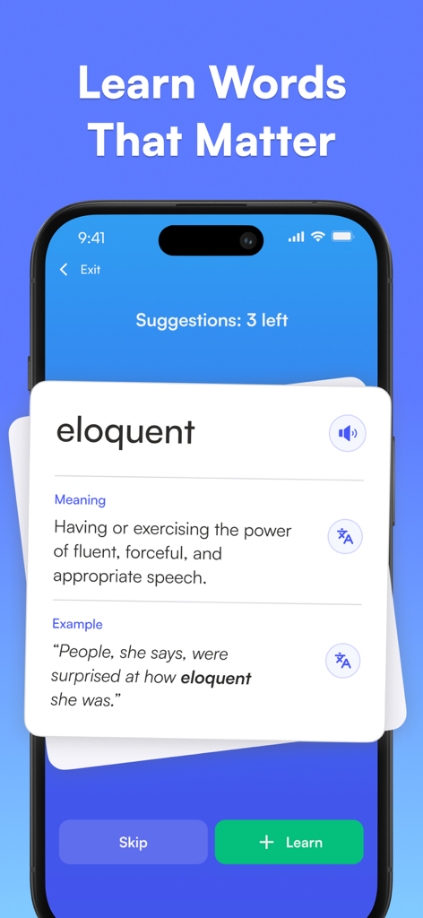 Heylama - AI Language Learning - Interfaz de la aplicación Heylama que muestra una tarjeta de vocabulario para aprender la palabra elocuente con asistencia de IA
