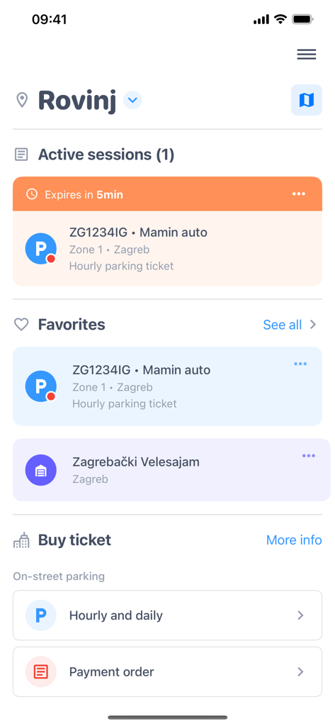 Bmove app interface showing an active parking ticket and favorite locations in Croatia