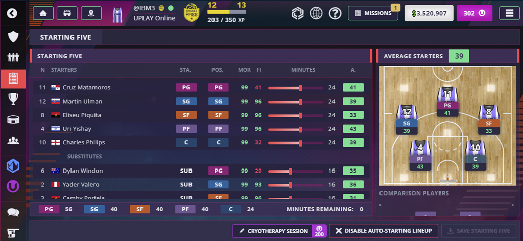 iBasket Manager 3 - iBasket Manager 3의 선발 5인 라인업 관리 화면으로 선수 통계와 코트 포지션을 보여줍니다