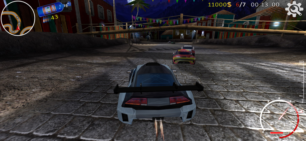 XTrem Racing - Third-person view of a grey supercar racing on a cobblestone night track in XTrem Racing