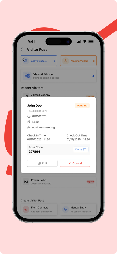 Rescuetap - RescueTap app interface displaying a visitor pass with a unique security code and entry details