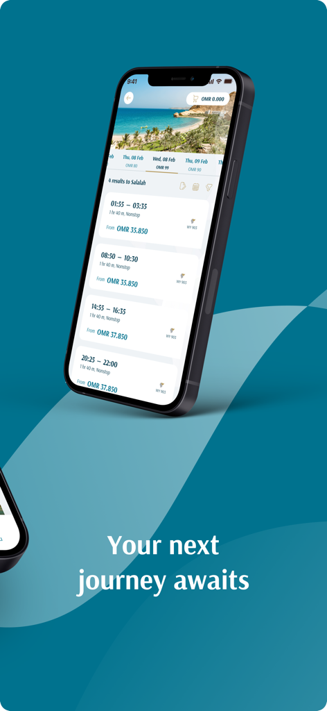 Interface de l'application mobile Oman Air affichant les résultats de recherche de vols pour Salalah avec les horaires et les prix