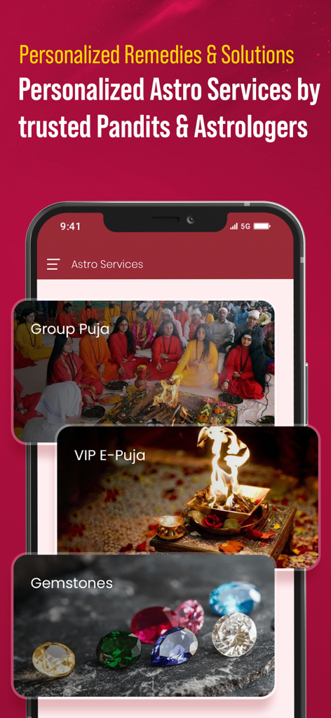 Anytime Astro app interface showing personalized Vedic services including Group Puja and Gemstones