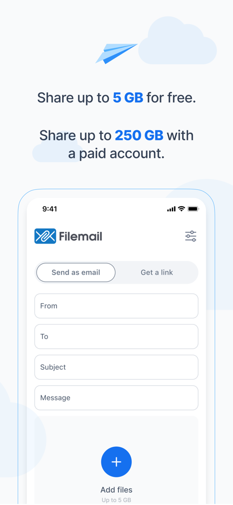 Filemail app interface on iPhone showing fields to send large files up to 5GB for free via email or link