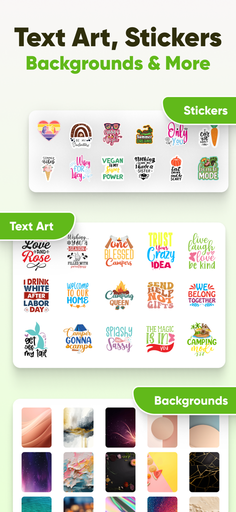 T-Shirt Designer & Printer - Tシャツデザイナーアプリで利用可能なステッカー、クリエイティブなテキストアート、芸術的な背景のコレクション。