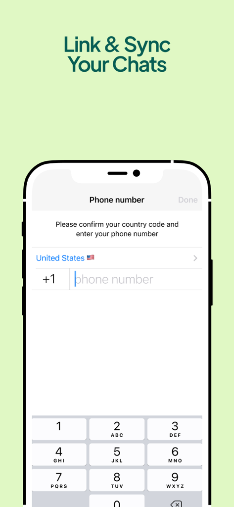 채팅을 연결하고 동기화하기 위한 전화번호 입력 화면인 Messenger for Web and AI.