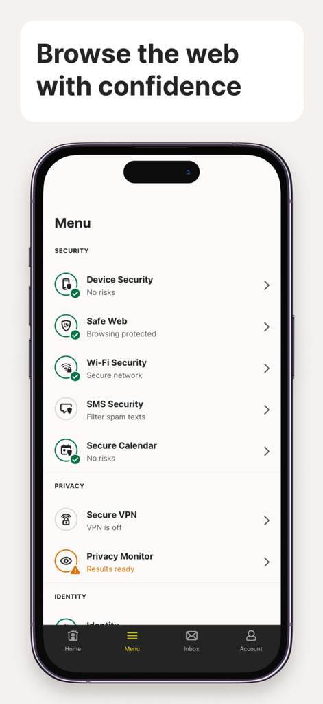 Norton 360 mobile App-Menü, das Sicherheits-, Privatsphäre- und Identitätsschutzfunktionen anzeigt