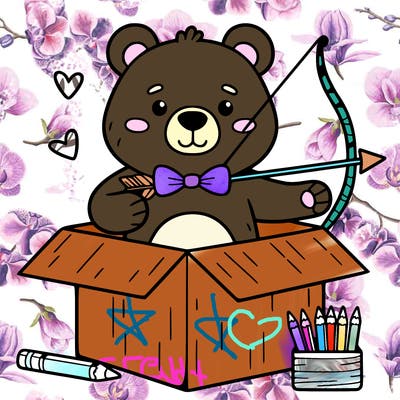 a bear in a box with a bow and arrow