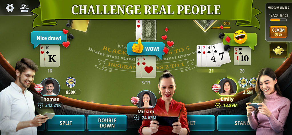 Online-Multiplayer-Blackjack-Spielbildschirm mit Avataren von echten Personen und Live-Chat-Interaktion