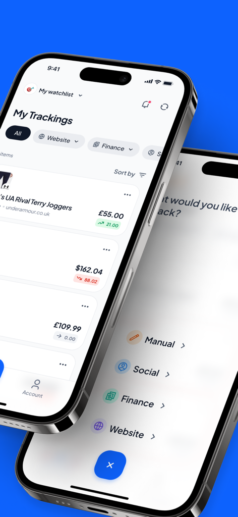 Two iPhone screens displaying the AnyTracker app with a list of tracked prices and a menu to select tracking categories like social finance and websites