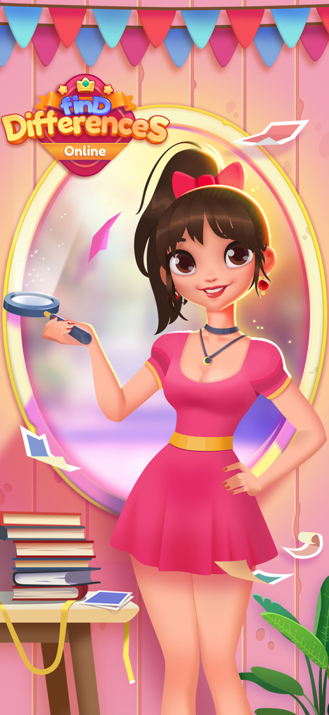 Find 5 Differences Online - Uma mulher de desenho animado em um vestido rosa segurando uma lupa para o jogo de puzzle Encontre 5 Diferenças Online