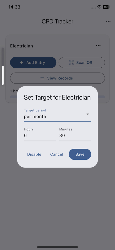 CPD Progress Tracker - A screenshot of the CPD Progress Tracker app showing a popup interface to set a monthly target of 6 hours and 30 minutes for an electrician.