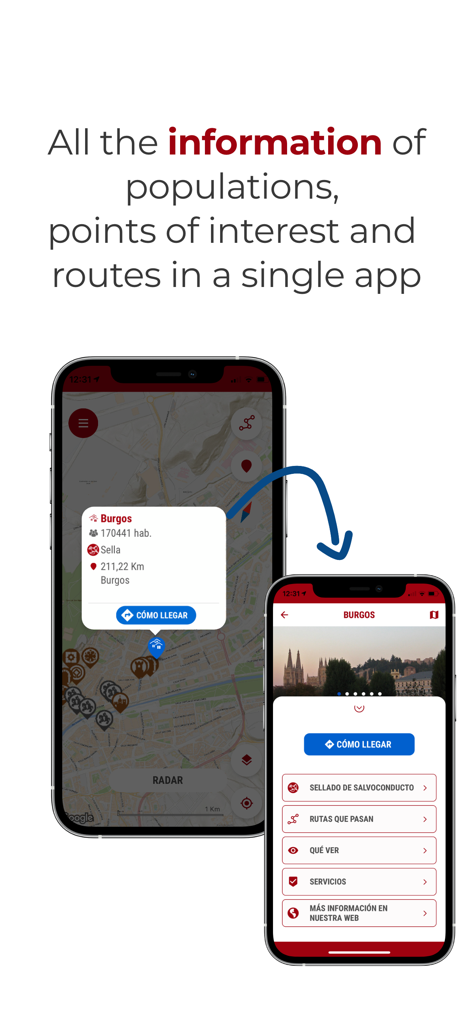Camino del Cid mobile App-Screenshots zeigen eine Karte mit interessanten Punkten und detaillierten Routeninformationen für Burgos, Spanien
