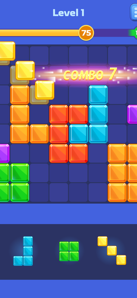Block Blitz Gems Puzzle gameplay showing colorful jewel blocks and combo effects