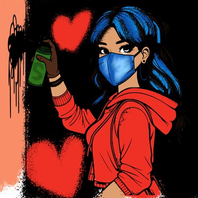 realistic girl with mask spray painting a wall