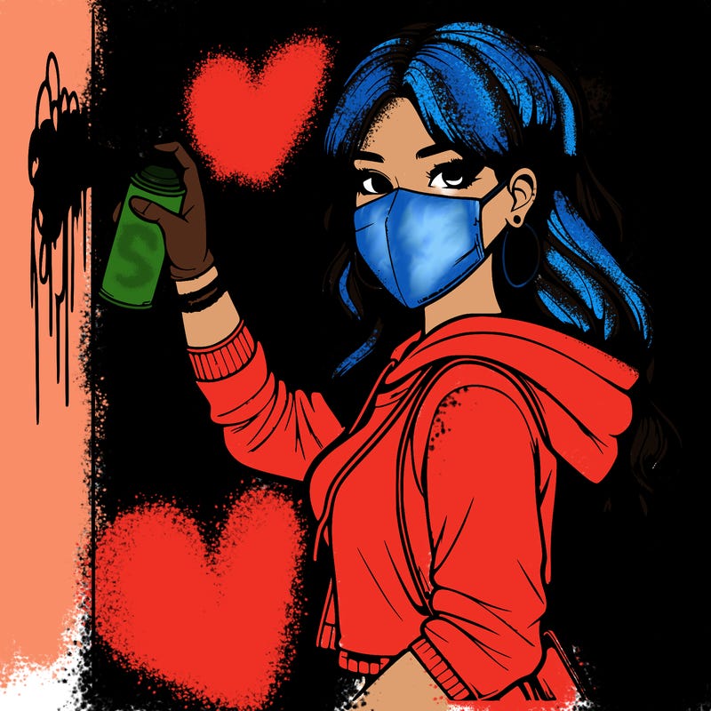 realistic girl with mask spray painting a wall