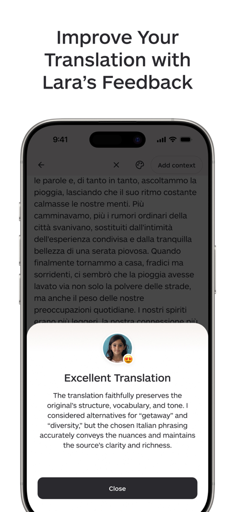 iPhone display showing Lara Translate app with an AI feedback pop up for a translated Italian text