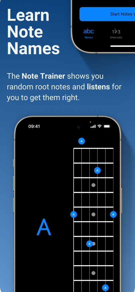 Solo - Fretboard Visualization - Solo app screenshot showing the Note Trainer feature to learn guitar note names on a fretboard
