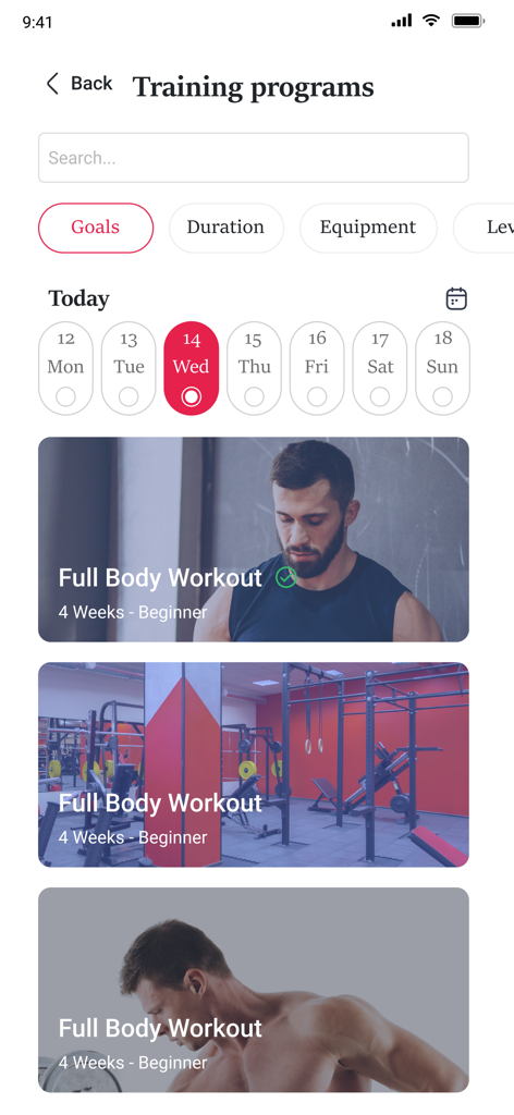 Interface de l'application mobile TrainYourPulse montrant des programmes d'entraînement pour tout le corps pour débutants et un horaire d'entraînement hebdomadaire.