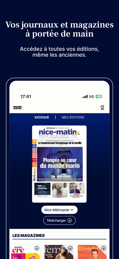 NVM : Info Nice, Var, Monaco - Interface of the NVM app newsstand with Nice Matin and local French magazines